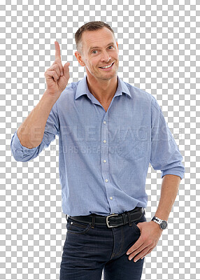 Buy stock photo Question, pointing up or portrait of happy businessman smiling on isolated on transparent png background. Idea, vote or mature person showing marketing promotion or product announcement with hand up
