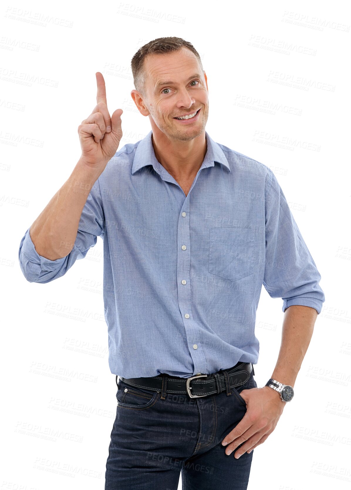 Buy stock photo Question, pointing up or portrait of happy businessman smiling on isolated on transparent png background. Idea, vote or mature person showing marketing promotion or product announcement with hand up
