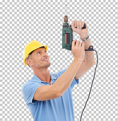 Buy stock photo Construction, drill and PNG with a contractor man isolated on a transparent background for maintenance. Building, diy and power tools with a mature engineer or handyman working on a labor project