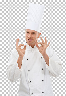 Buy stock photo Man, chef and portrait with hands for taste or delicious food and cooking skills. Male culinary artist hand gesture for restaurant promotion or presentation isolated on a transparent, png background