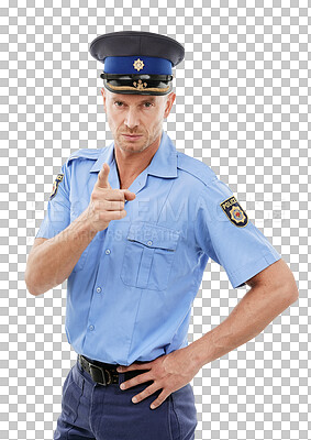 Buy stock photo Portrait, police man and officer pointing isolated on a transparent png background for justice. Law enforcement, serious and mature policeman point with hand gesture for warning, stop crime and no.