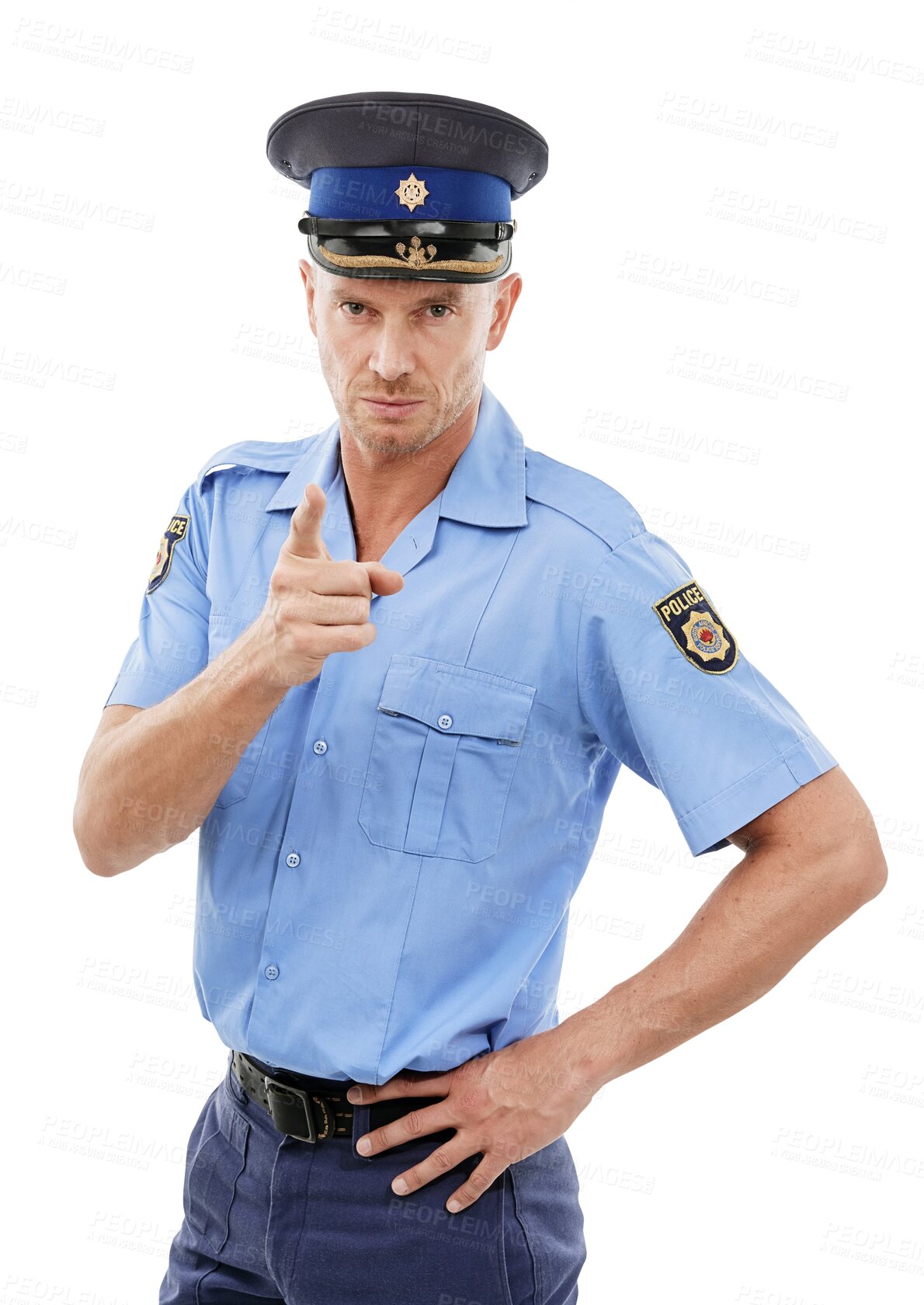 Buy stock photo Portrait, police man and officer pointing isolated on a transparent png background for justice. Law enforcement, serious and mature policeman point with hand gesture for warning, stop crime and no.