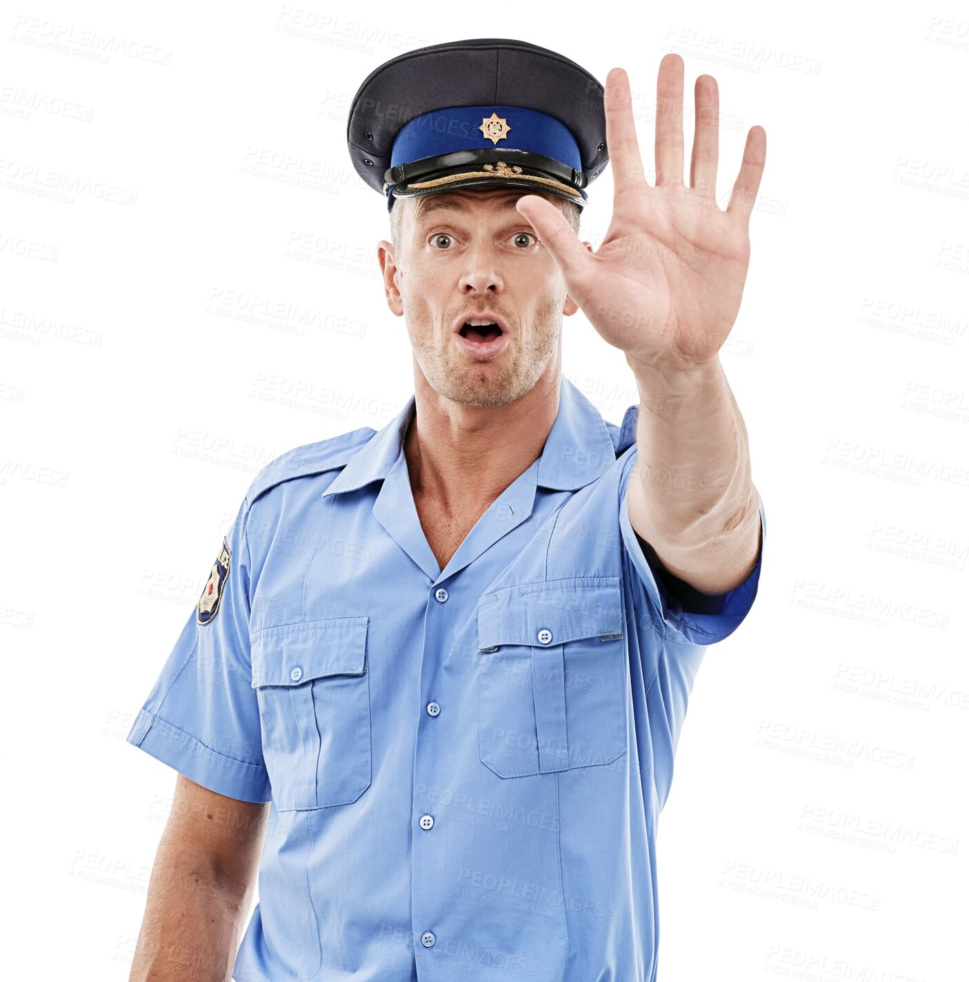 Buy stock photo Police man, stop hands and portrait isolated on a transparent png background for serious justice. Law enforcement, policeman and hand gesture for warning, forbidden crime and ban, no and security.