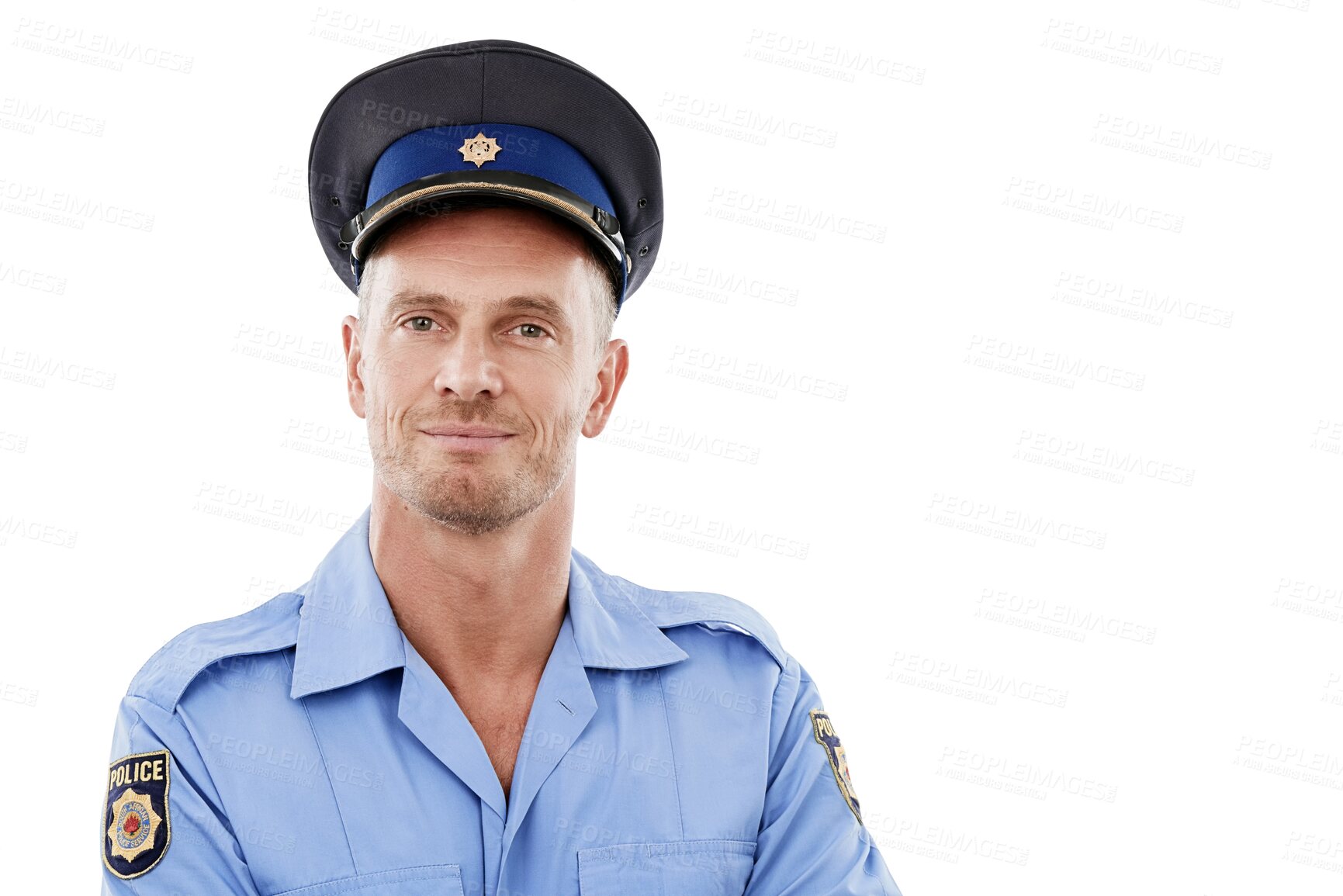 Buy stock photo Serious, mature and portrait of police man isolated on a transparent png background. Law enforcement, professional and policeman or face of officer from Canada with career pride for job or occupation