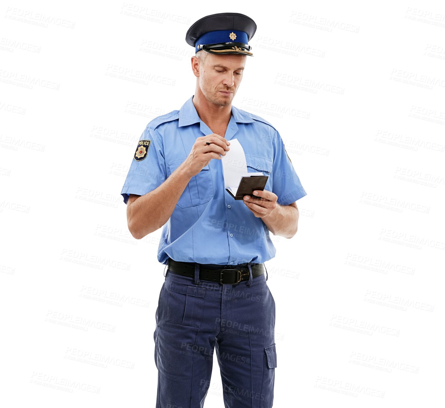 Buy stock photo Police man, writing ticket and officer isolated on a transparent png background with notepad for traffic laws. Serious, law enforcement and policeman, detective or mature person with paper for fine.