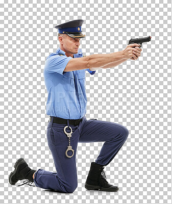 Man, police officer and pointing gun ready to fire or shoot. Male security guard or detective holding firearm to uphold the law, stop crime or violence isolated on a png background