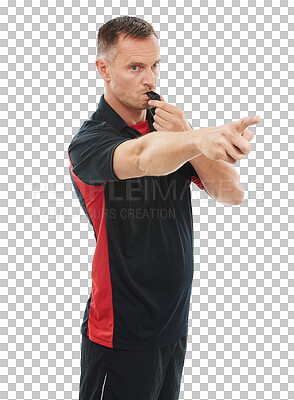 Buy stock photo Pointing, referee or man blowing whistle as warning or penalty review in sports match or soccer game. Serious, foul or coach with rules, compliance or caution isolated on transparent png background 