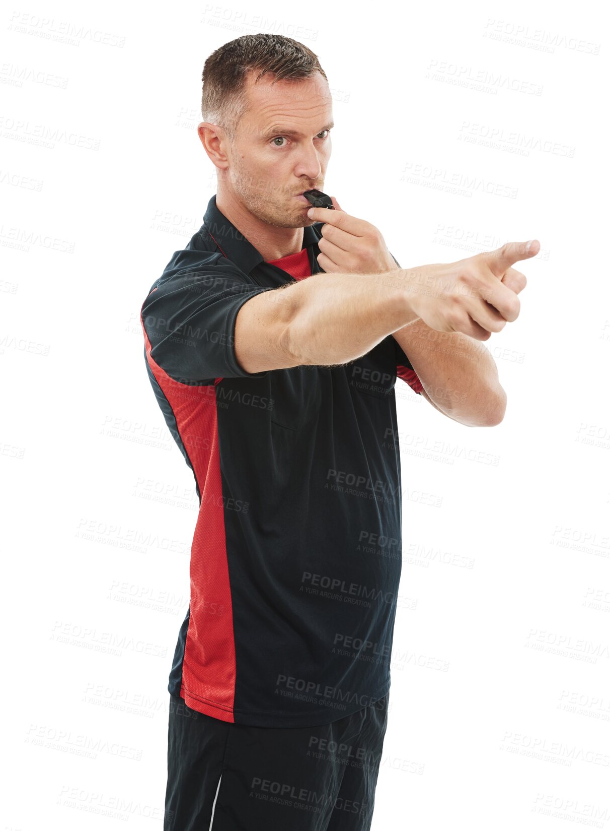 Buy stock photo Pointing, referee or man blowing whistle as warning or penalty review in sports match or soccer game. Serious, foul or coach with rules, compliance or caution isolated on transparent png background 