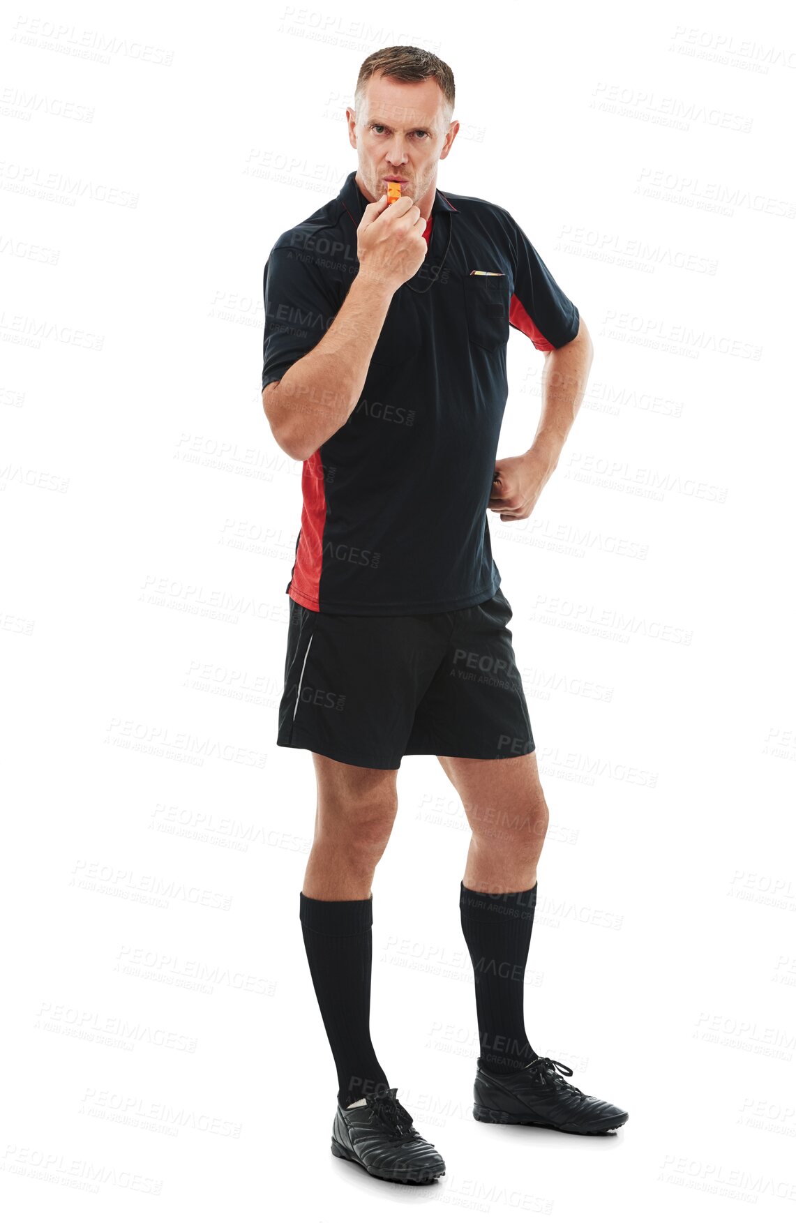 Buy stock photo Portrait, referee or serious man blowing whistle as warning or penalty review in sports match or soccer game. Foul or coach with rules, compliance or caution isolated on transparent png background 