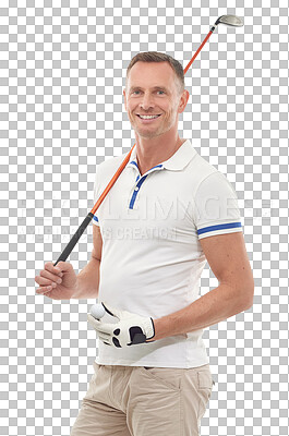 Buy stock photo Golf, sports and happy portrait of man with club on isolated, png and transparent background for game. Hobby, golfing and senior male golfer carry ball and driver for workout, exercise and fitness