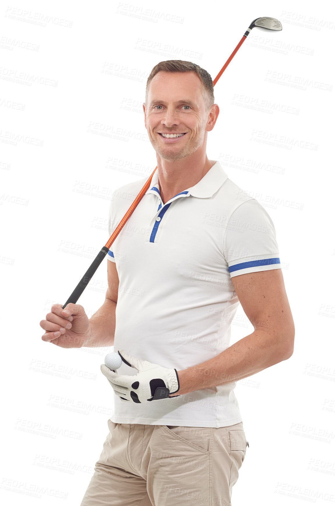 Buy stock photo Golf, sports and happy portrait of man with club on isolated, png and transparent background for game. Hobby, golfing and senior male golfer carry ball and driver for workout, exercise and fitness