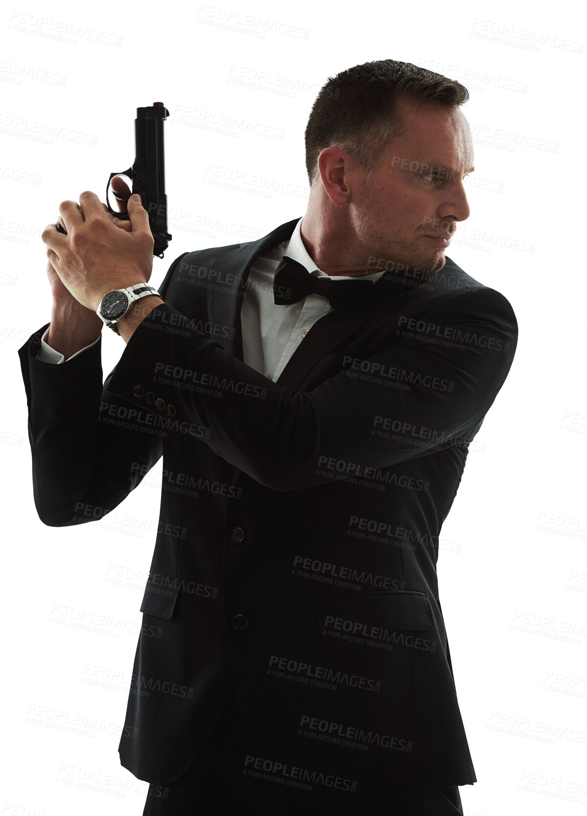 Buy stock photo Professional agent, gun and man isolated on transparent, png background for secret service, action and crime movie. Detective, investigation and bodyguard, person or film actor in a suit and firearm