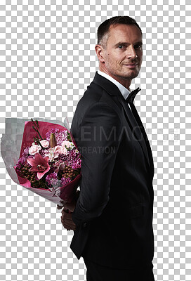 Buy stock photo Valentines day, surprise and flowers of a man portrait in a suit with love present behind back. Flower gift, giving and male model feeling romantic with gifts isolated on transparent, png background
