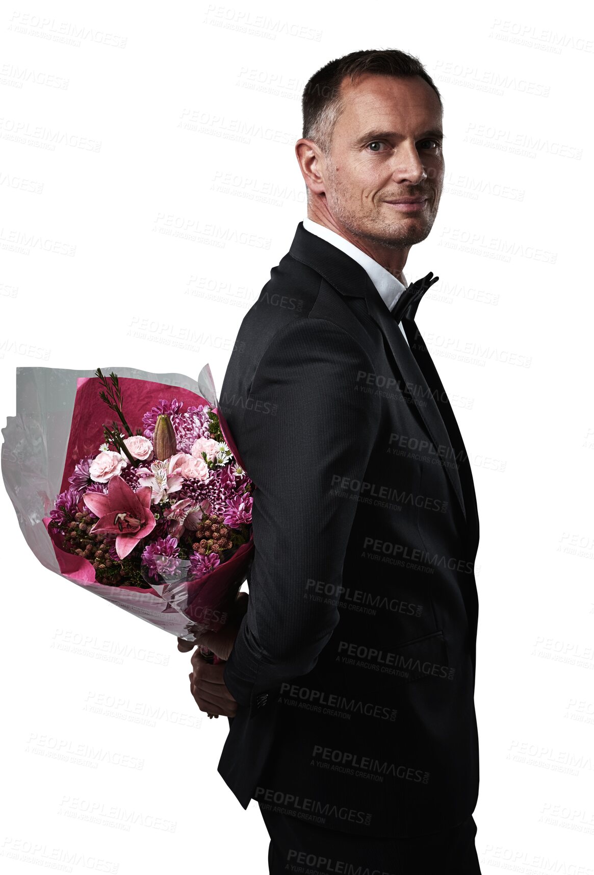 Buy stock photo Valentines day, surprise and flowers of a man portrait in a suit with love present behind back. Flower gift, giving and male model feeling romantic with gifts isolated on transparent, png background
