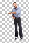 A Portrait, pointing and mockup with a man for branding or product placement. Point, mock up and advertising with a male on blank space to point at a brand isolated on a png background