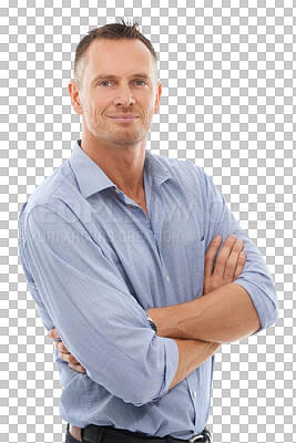 Buy stock photo Portrait, confidence and arms crossed with a business man isolated on a transparent background for work. Confident, professional and PNG with a mature male employee looking ready for company success