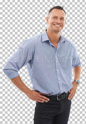 Buy stock photo Portrait, smile and PNG with a man employee isolated on a transparent background for a professional career. Mindset, vision and happy with a mature business person standing in a corporate company