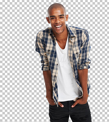 Buy stock photo Happy, fashion and portrait of man on png background for trendy, cool and elegant style. Casual, smile and happiness with male model isolated on transparent for natural, excited and confidence 