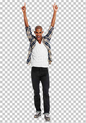 Buy stock photo Winner, portrait and black man celebration of cheer, motivation and freedom. Happy, African male model and celebrate achievement with happiness and energy isolated on a transparent, png background