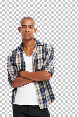 Buy stock photo Serious, arms crossed and portrait of man on png background for fashion, handsome and trendy. Edgy, focus and confident with male isolated on transparent for pride, cool and casual style