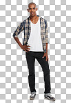 A black man, studio portrait and style with confidence, attitude and lifestyle in Atlanta. Cool guy, fashion model  with confident college student, clothes and handsome person isolated on a png background