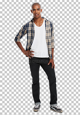 Buy stock photo Fashion, black man and portrait with a smile for gen z clothing, confidence and style. Stylish, cool hipster and African clothes model with confident pose isolated on a transparent, png background