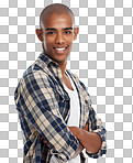 Black man, confidence and portrait with arms crossed, smile and pride in Atlanta. Happy guy, fashion model or cool attitude of clothes, style or handsome face isolated on a png background