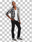 Portrait, body language and confidence with a black man to promote trendy clothes. Happy, smile and natural with a casual male posing in casual or contemorary clothing isolated on a png background