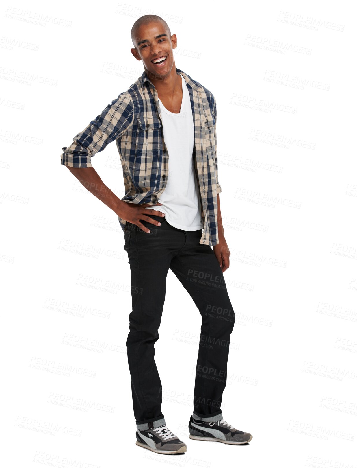 Buy stock photo Fashion, man smile and portrait proud with gen z clothing, confidence and happiness. Happy, cool laugh and African clothes model with confident pose isolated on a transparent, png background