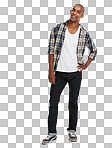 Happy black man, studio portrait and smile with confidence, happiness and style from Atlanta. Cool young guy, fashion model with confident student, clothes and handsome person isolated on a png background