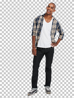 Buy stock photo Fashion, young man and portrait with a smile for gen z clothing, confidence and happiness. Happy, cool and African clothes model with confident pose isolated on a transparent, png background