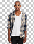 Portrait, bald and fashion with a black man to model contemporary clothes. Profile picture, studio background and shirt with a young male looking casual isolated on a png background