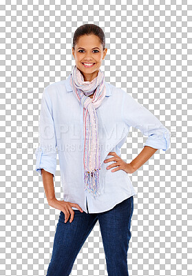 Buy stock photo Confident, portrait and woman in trendy fashion on isolated, transparent and png background. Face, smile and happy female posing, cheerful or happy with positive attitude, confidence or cool clothing