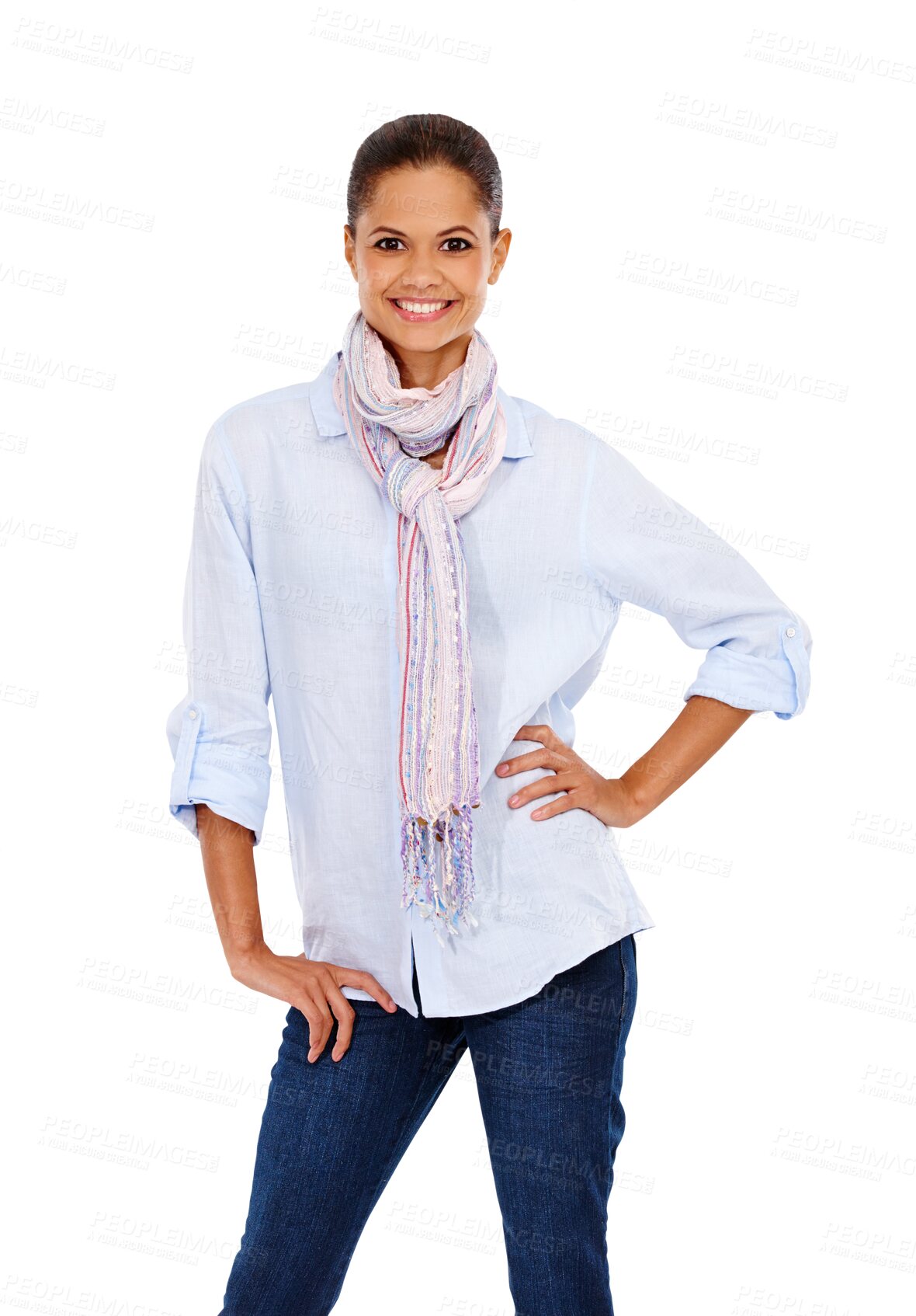 Buy stock photo Confident, portrait and woman in trendy fashion on isolated, transparent and png background. Face, smile and happy female posing, cheerful or happy with positive attitude, confidence or cool clothing