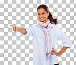 Woman, hands or pointing on  at promotion mockup, marketing space or advertising mock up. Smile, happy or fashion model and showing hand gesture at shop sales or retail deal isolated on a png background