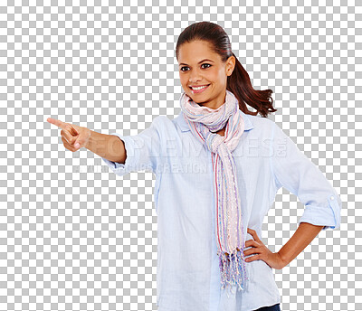 Buy stock photo Isolated woman, point index and smile with choice, direction and vision by transparent png background. Girl, model or student with happiness, hand gesture or sign for decision, shopping or selection