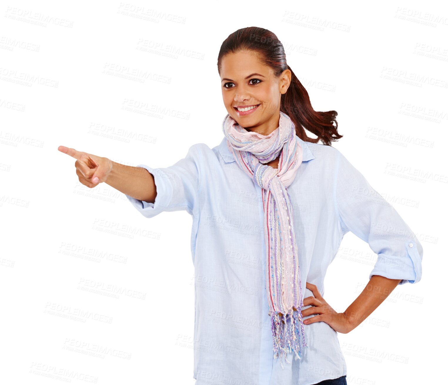 Buy stock photo Isolated woman, point index and smile with choice, direction and vision by transparent png background. Girl, model or student with happiness, hand gesture or sign for decision, shopping or selection