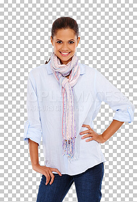 Buy stock photo Portrait, fashion and happy woman isolated on transparent, png background for confidence, casual style and creative mindset. Young, biracial person or cool clothes model standing with her hand on hip