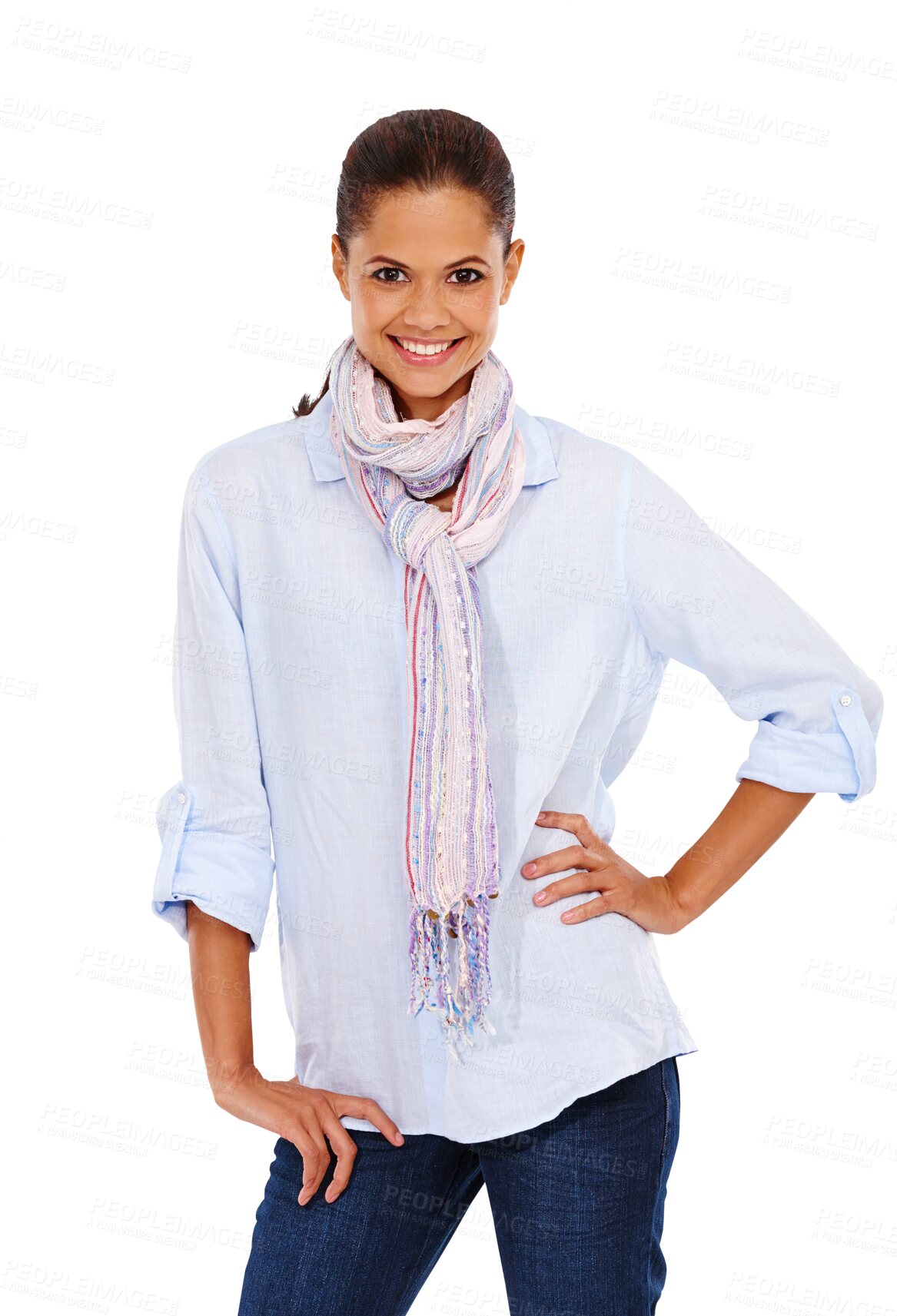 Buy stock photo Portrait, fashion and happy woman isolated on transparent, png background for confidence, casual style and creative mindset. Young, biracial person or cool clothes model standing with her hand on hip