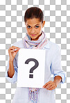 A Happy, question mark and portrait of a woman with a paper. Marketing, sign and person advertising a brand with a surprise decision on poster on a isolated on a png background