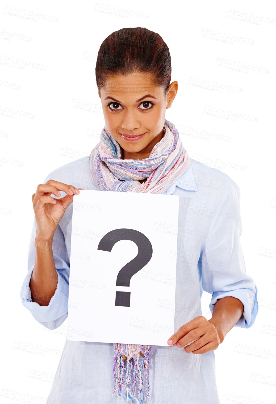 Buy stock photo Why, question mark and portrait of a woman with a sign isolated on a transparent png background. Asking, paper and female person with questions, interrogation and inquiry, query and quiz poster.