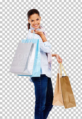 Buy stock photo Fashion, deal and portrait of woman with shopping bags on isolated, transparent and png background. Face, retail and female customer with boutique, store and discount sale gifts with happy smile  