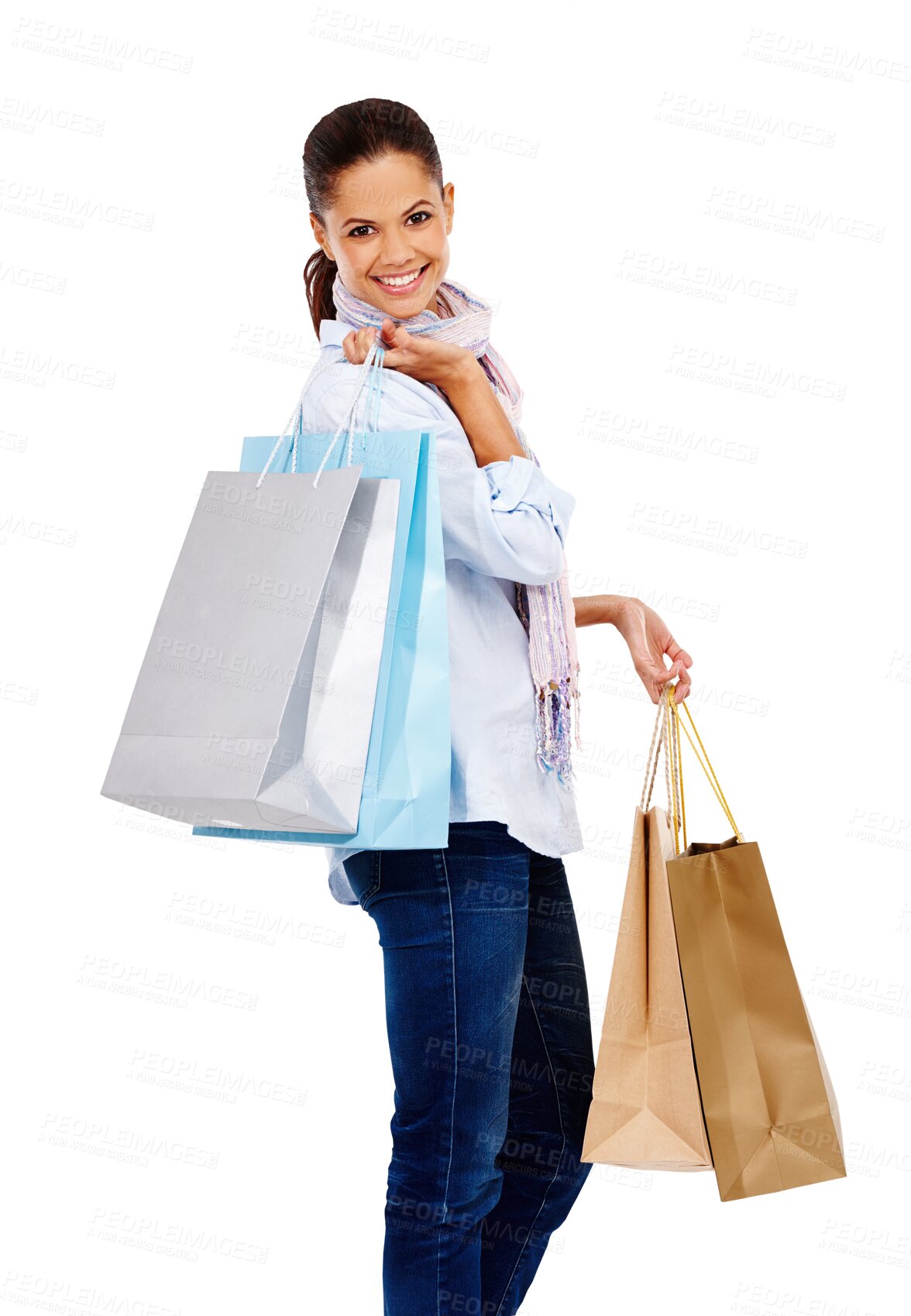 Buy stock photo Fashion, deal and portrait of woman with shopping bags on isolated, transparent and png background. Face, retail and female customer with boutique, store and discount sale gifts with happy smile  