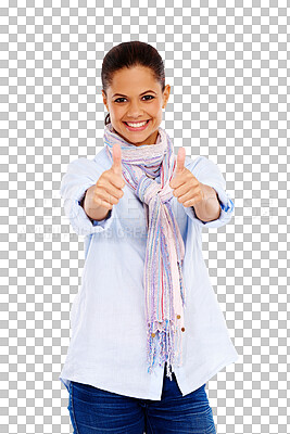 Buy stock photo Thumbs up, portrait and happy woman with success, winning and yes sign on isolated, transparent and png background. Face, hand and winner emoji by female showing vote, thank you or positive feedback