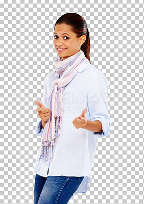 Buy stock photo Portrait, woman and pointing with finger guns for happiness isolated on a transparent png background. Excited, fun and cool female model with casual style and motivation with a hand gesture and smile