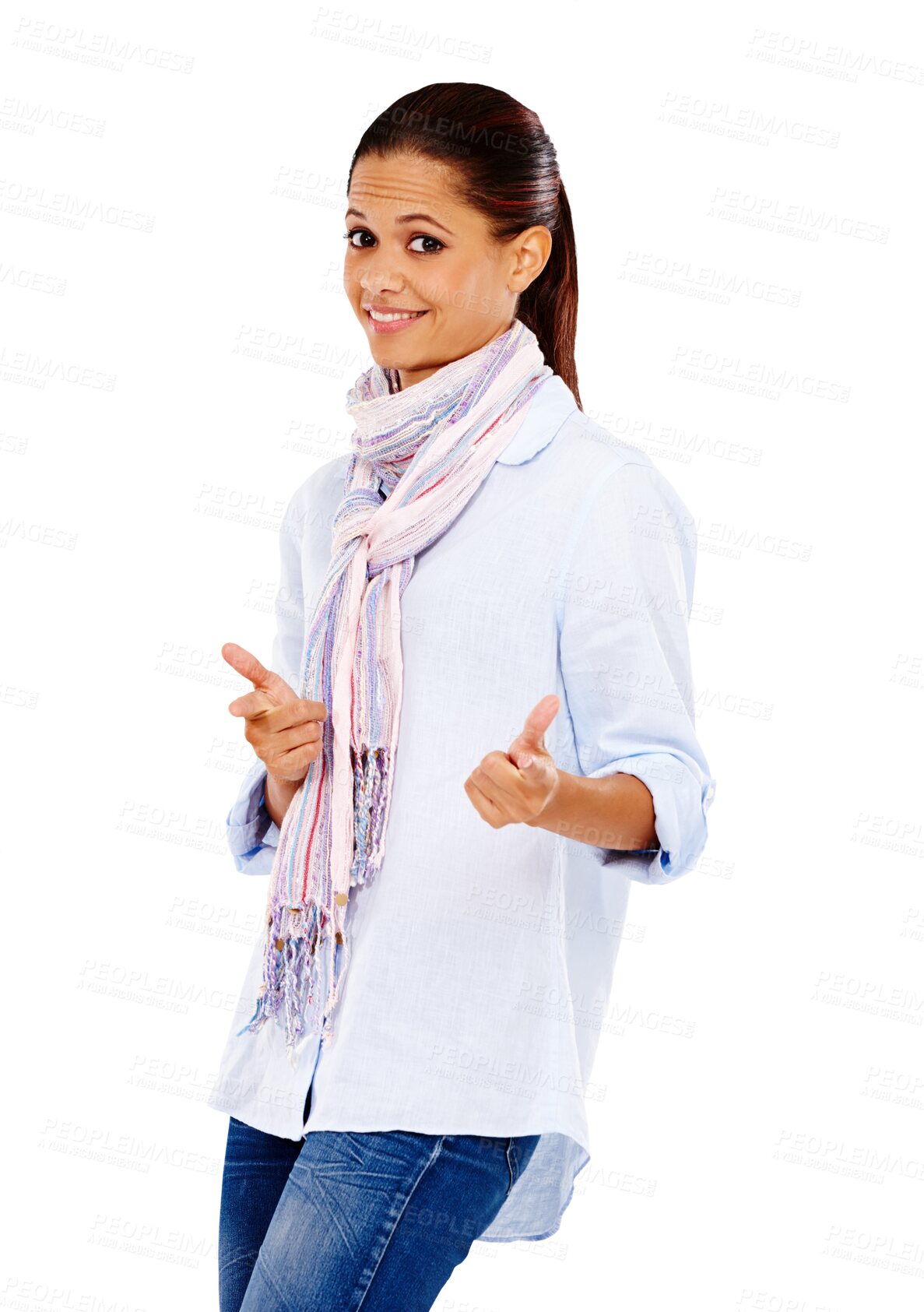 Buy stock photo Portrait, woman and pointing with finger guns for happiness isolated on a transparent png background. Excited, fun and cool female model with casual style and motivation with a hand gesture and smile