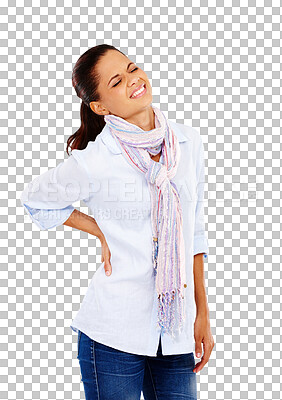 Buy stock photo Injury, woman and back pain problem with uncomfortable inflammation from body issue. Young, frustrated and female model suffering with backache accident isolated on a transparent png background