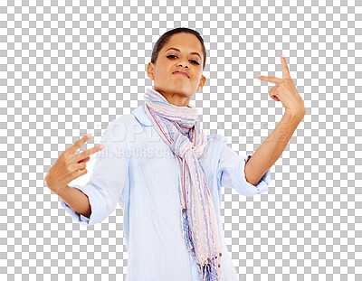 Buy stock photo Portrait, cool attitude and woman with peace sign isolated on transparent png background. Sassy, expression and hand gesture of female model in stylish, trendy and warm scarf for fashion and clothes