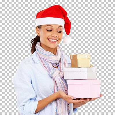 Buy stock photo Christmas, happy woman and boxes for present isolated on transparent png background. Female person, festive hat and xmas gift for surprise celebration, package and party to celebrate special holiday