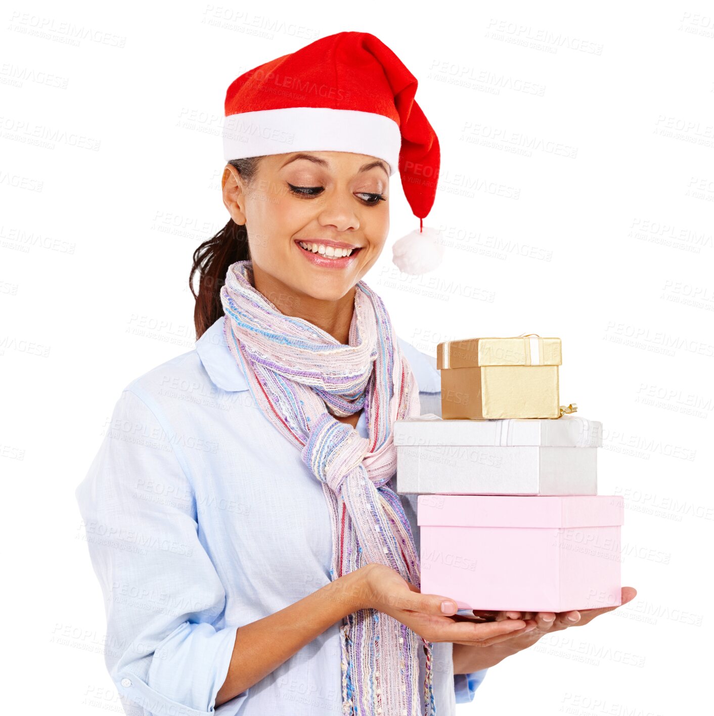 Buy stock photo Christmas, happy woman and boxes for present isolated on transparent png background. Female person, festive hat and xmas gift for surprise celebration, package and party to celebrate special holiday